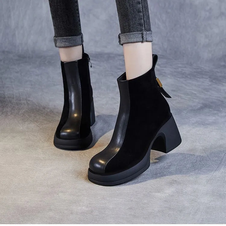Women's shoes casual fashion short boots with patchwork thick sole thick heel boots
