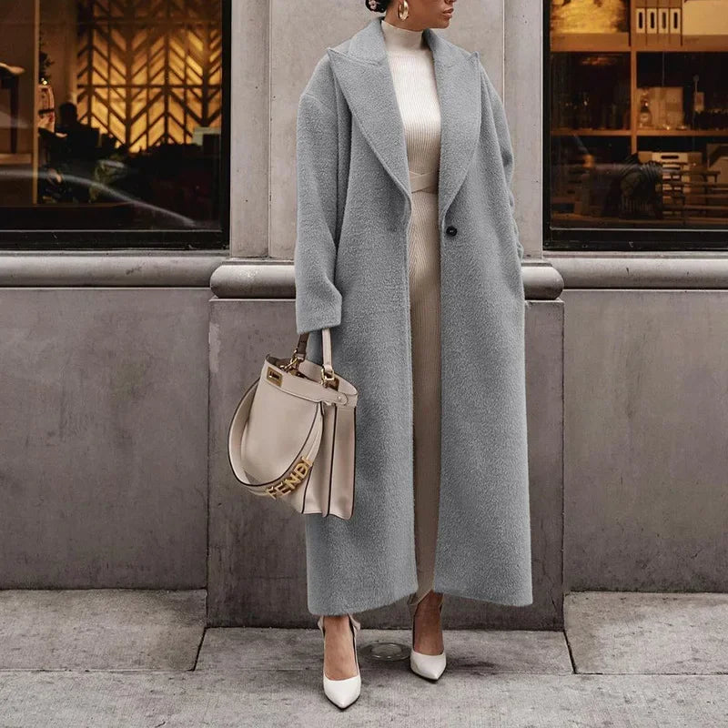 Women's Knee-High Coat with Plush Buckle, Long-Sleeved Lapel, Warm, Autumn and Winter