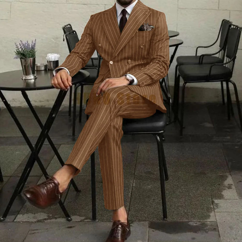 Men Suits Two Piece Suit Double Breasted Man Fashionable and Slim-fitting Design Groom Wedding Dress Casual Striped Fabric