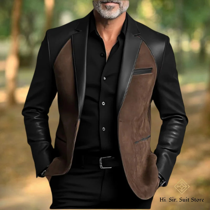 Classic Men's Suit Coat PU Splicing Notched Lapel Tuxedos Peaked Breasted Groom Wear Blazer Designer