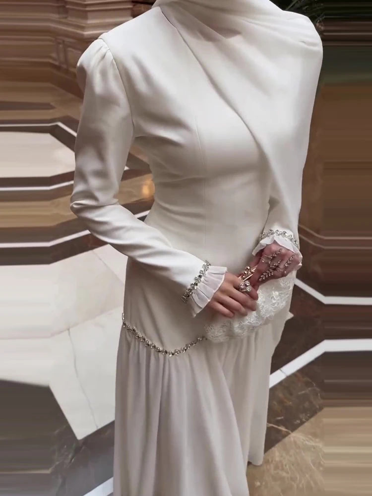 Temperament Lady Long Sleeve Dresses Casual Solid Flowing Chiffon Maxi Dresses Elegant Ribbon Slim Evening Dress