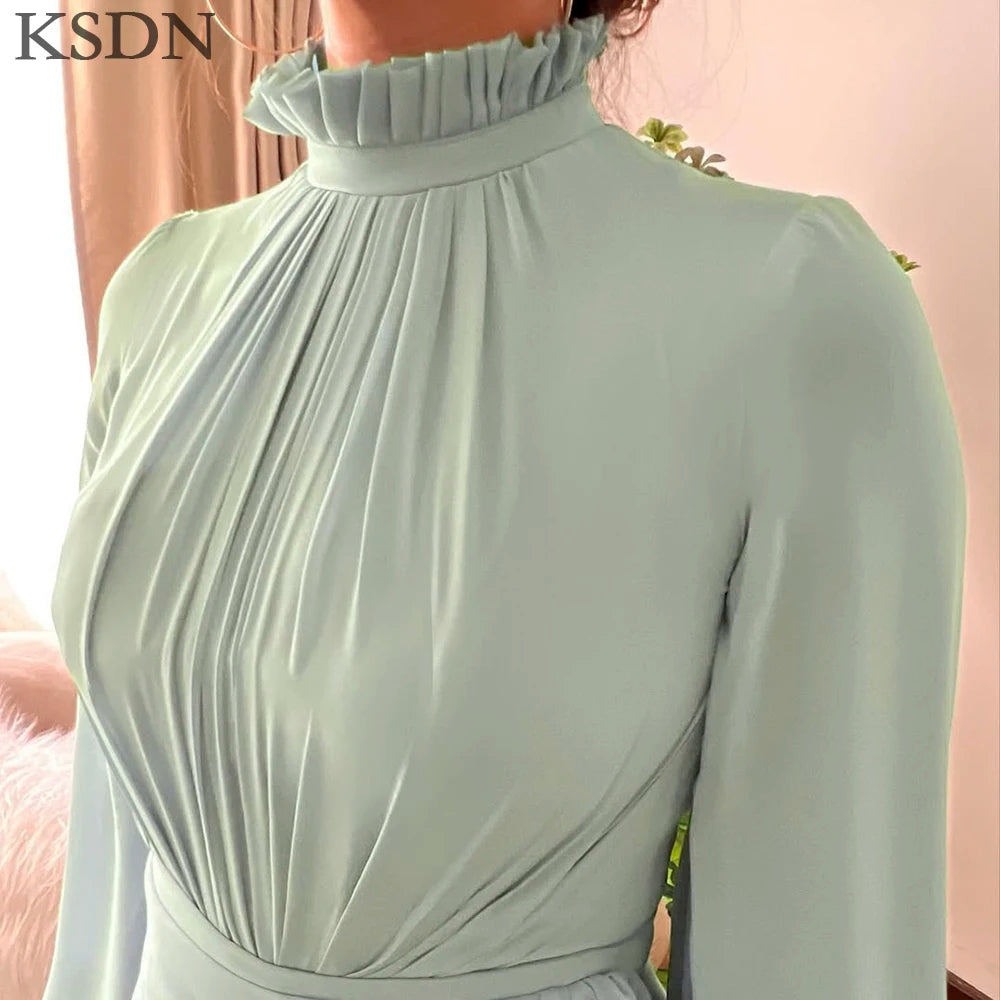 Luxury Evening Dresses High Neck Long Sleeve Pleat Ankle-Length Dress Formal Occasion Chiffon Gowns