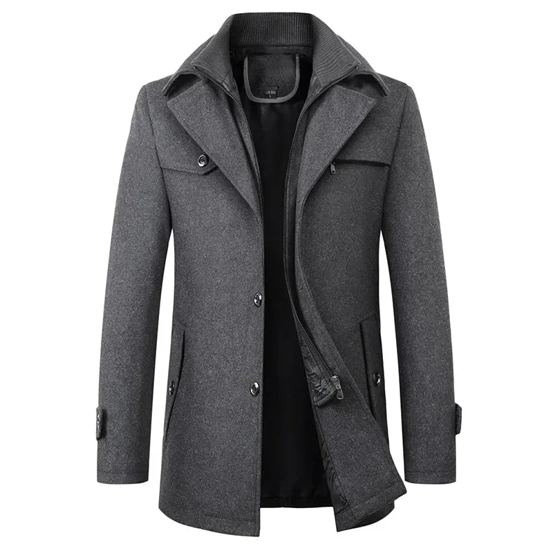 Men's Pea Coat Autumn and Winter Woolen Double Collar Overcoat Menswear Trench Coat