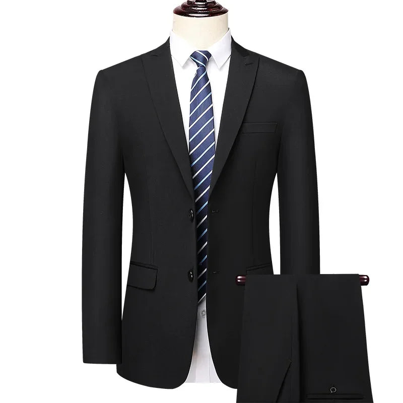 Man Suit (blazer+ Pants) Gentleman Fashion Business Double Split Casual Slim Solid Color Wedding Work