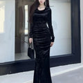 French Style Long-sleeved Dress for Women with New Slim Pleated Hips and Long Fishtail