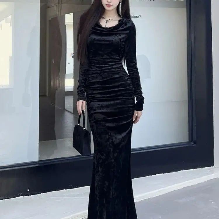 French Style Long-sleeved Dress for Women with New Slim Pleated Hips and Long Fishtail