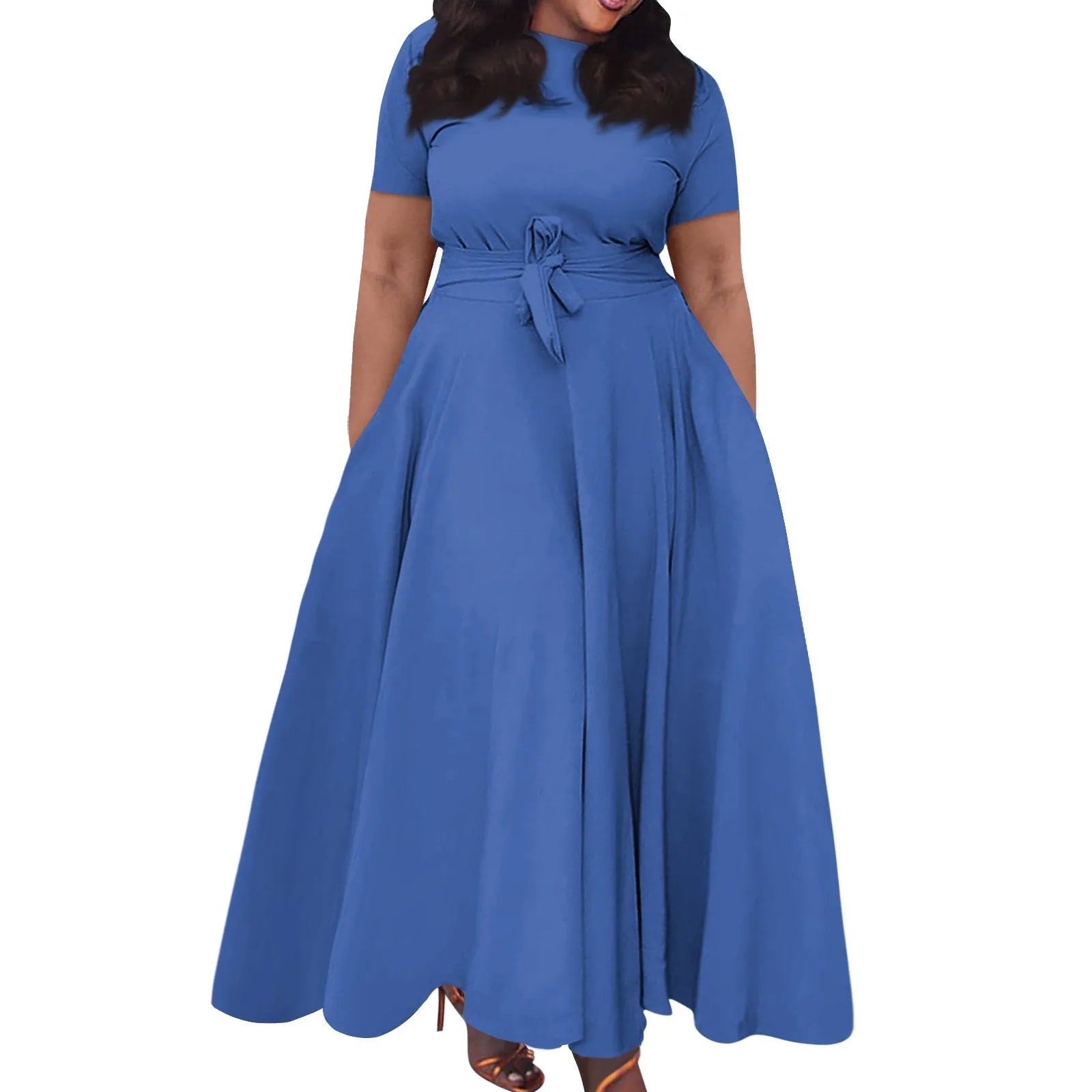 dress for women Casual Fashion Large Size long dresses Solid Color Round Neck dress Short Sleeve Pocket Straps Swing
