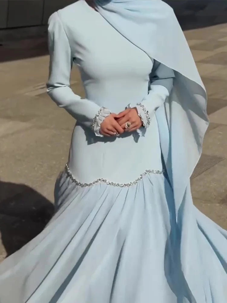 Temperament Lady Long Sleeve Dresses Casual Solid Flowing Chiffon Maxi Dresses Elegant Ribbon Slim Evening Dress