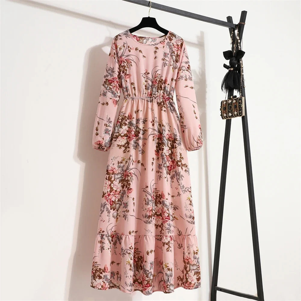 Floral Print Round Neck Long Sleeved Dress For Women Spring Autumn Fashionable Bohemian Big Swing Dress