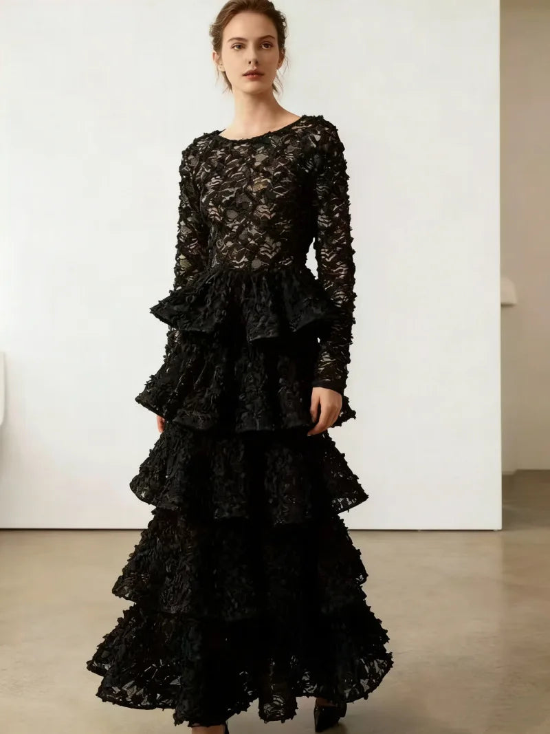 Luxury Pearl Lace Long Dress Formal Occasion Summer Women Midi Dresses Embroidered Ruffle Evening Party Wedding