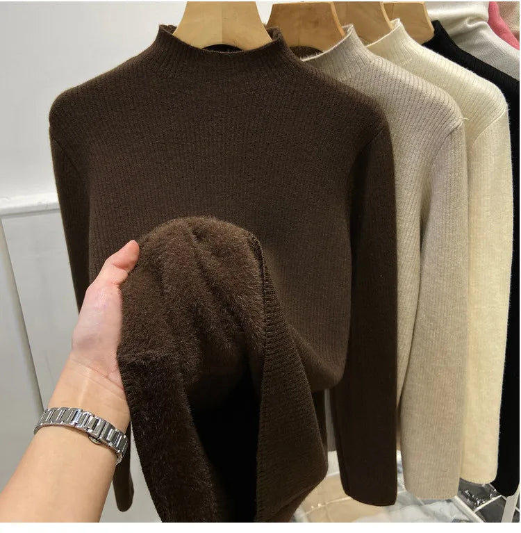 Turtleneck Winter Sweater Women Elegant Thick Velvet Lined Warm Knitted Pullover Slim Tops Jersey Knitwear