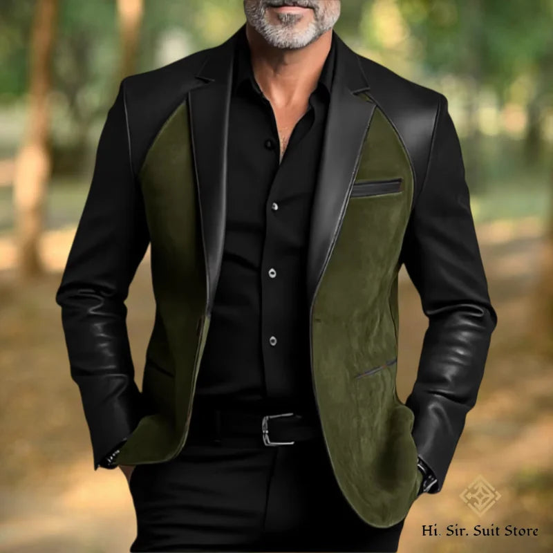 Classic Men's Suit Coat PU Splicing Notched Lapel Tuxedos Peaked Breasted Groom Wear Blazer Designer