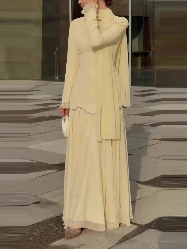 Temperament Lady Long Sleeve Dresses Casual Solid Flowing Chiffon Maxi Dresses Elegant Ribbon Slim Evening Dress