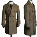 Men's Long Coat Wool Plaid Double Breasted Formal Outerwear Peaked Lapel Business Overcoat Fashion Wedding Party Jacket 1 Piece