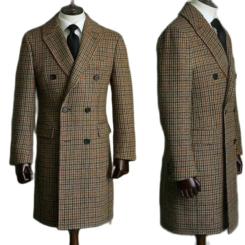 Men's Long Coat Wool Plaid Double Breasted Formal Outerwear Peaked Lapel Business Overcoat Fashion Wedding Party Jacket 1 Piece