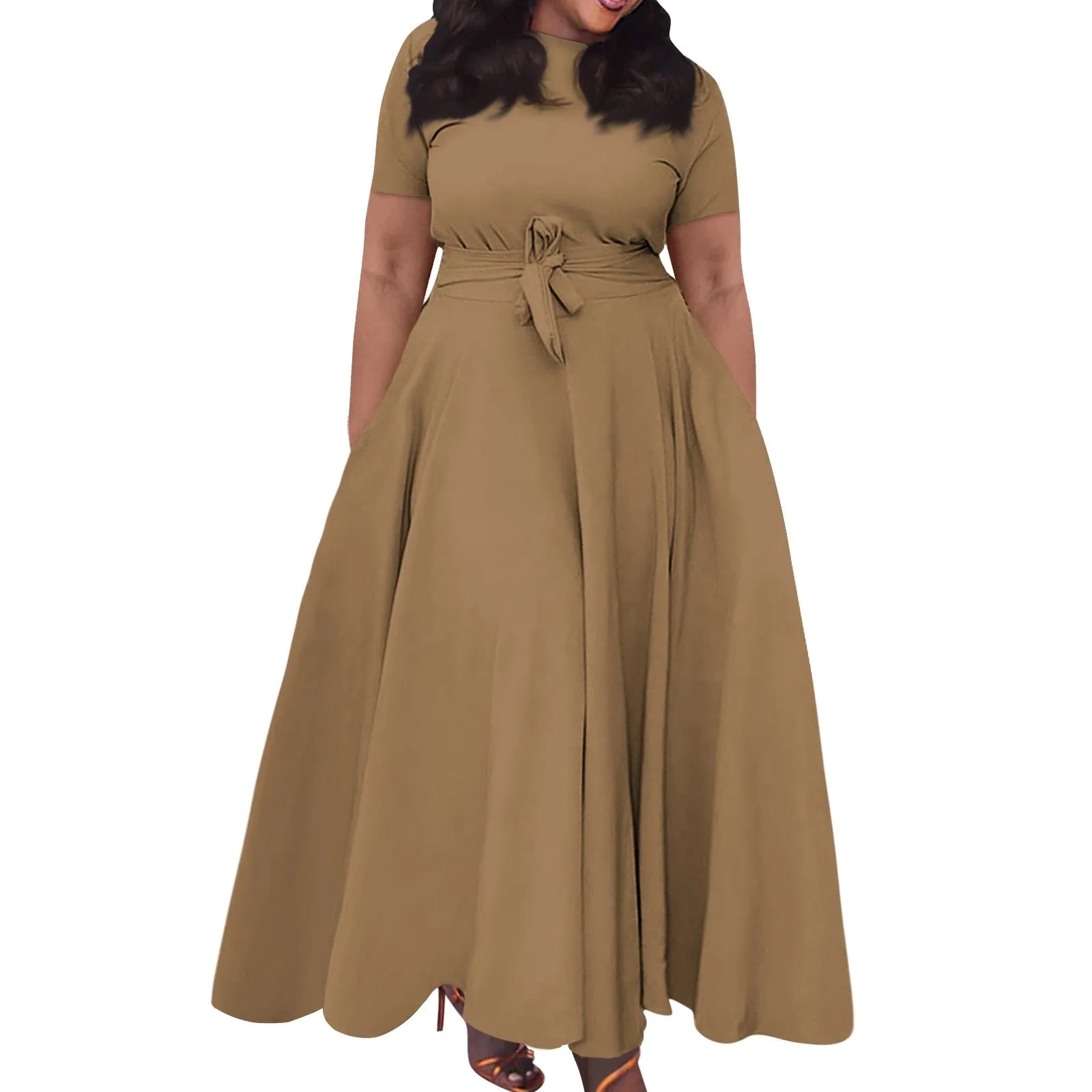 dress for women Casual Fashion Large Size long dresses Solid Color Round Neck dress Short Sleeve Pocket Straps Swing