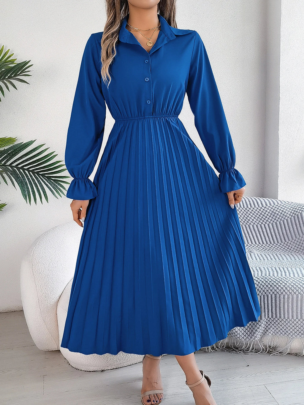 Long Dress for Women Casual Solid Color Polo Neck Button Flare Long Sleeve pleated Dress