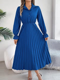 Long Dress for Women Casual Solid Color Polo Neck Button Flare Long Sleeve pleated Dress