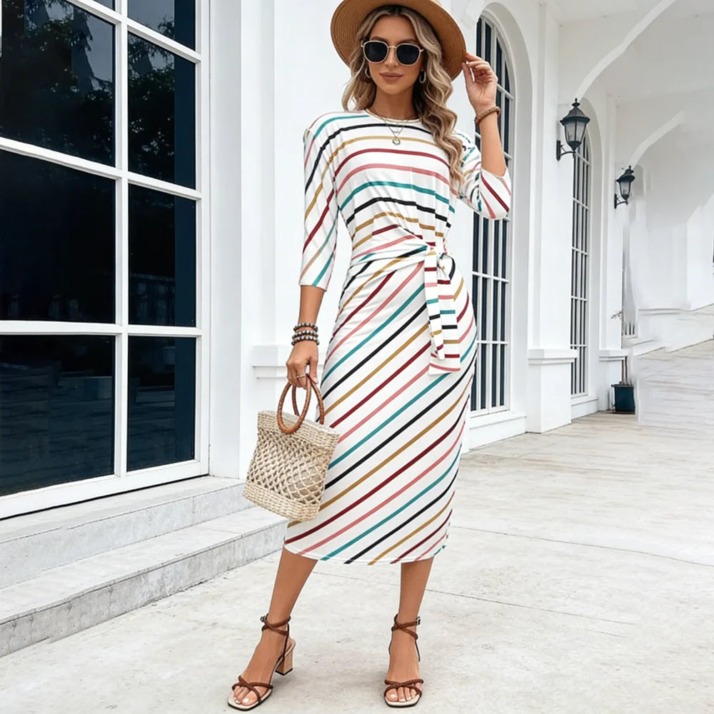 European American Women's Dress - Print Stripe Crew Neck Lace-up Tunic Dress Flattering Loose Fit