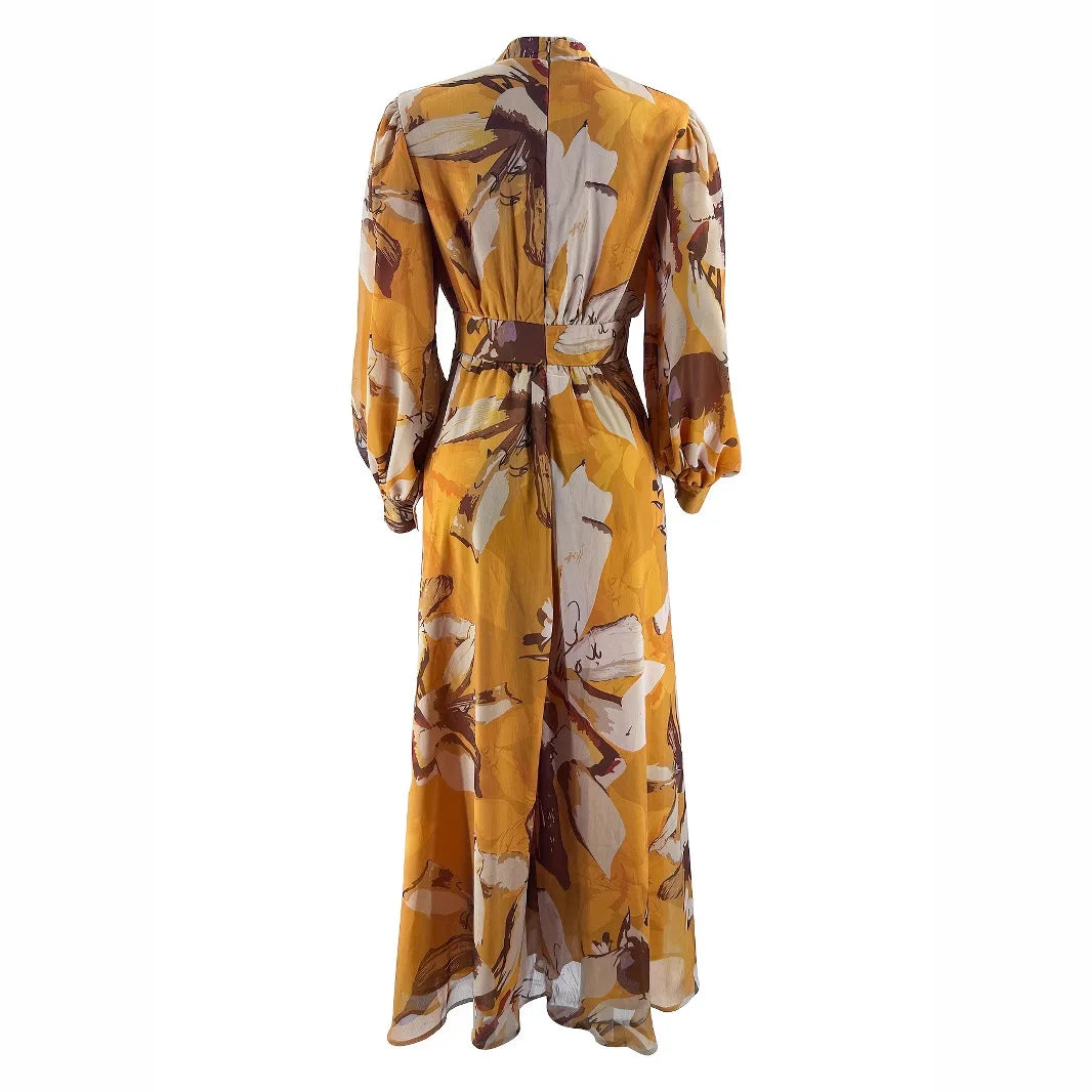 Long Dresses for Spring Women Yellow Chiffon Printed Elegant Clothing
