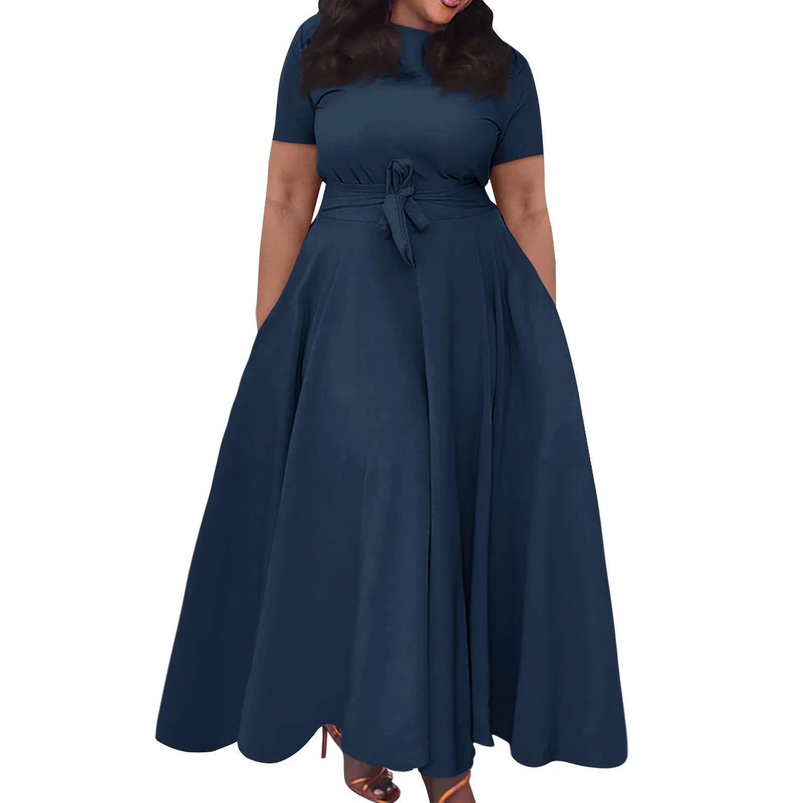 dress for women Casual Fashion Large Size long dresses Solid Color Round Neck dress Short Sleeve Pocket Straps Swing
