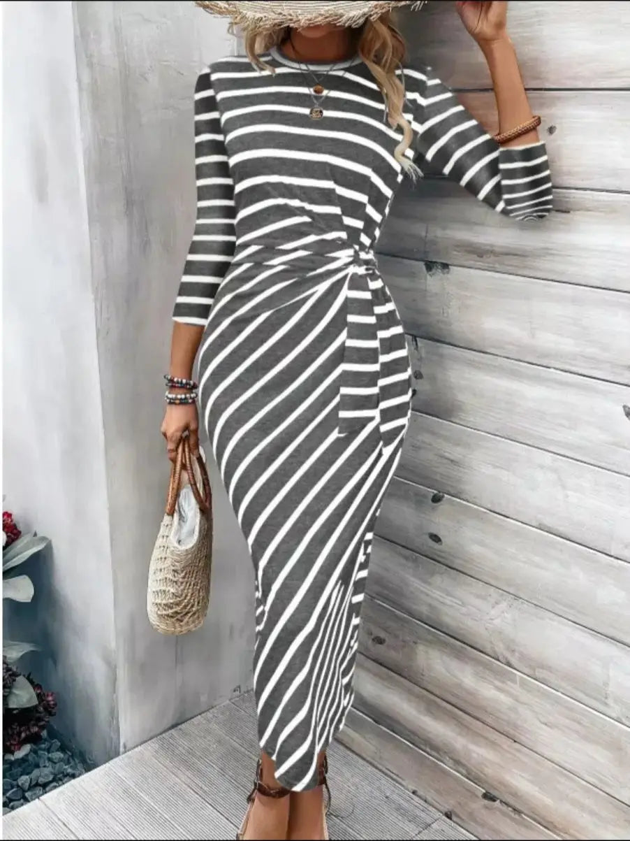 European American Women's Dress - Print Stripe Crew Neck Lace-up Tunic Dress Flattering Loose Fit