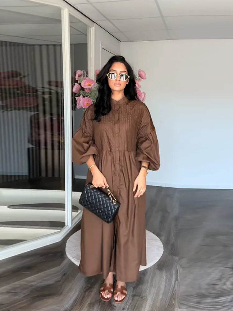 Casual Long Dress Women Solid Loose Neck Full Lantern Sleeve High Waist Robe Spring Fashion Dresses Lady