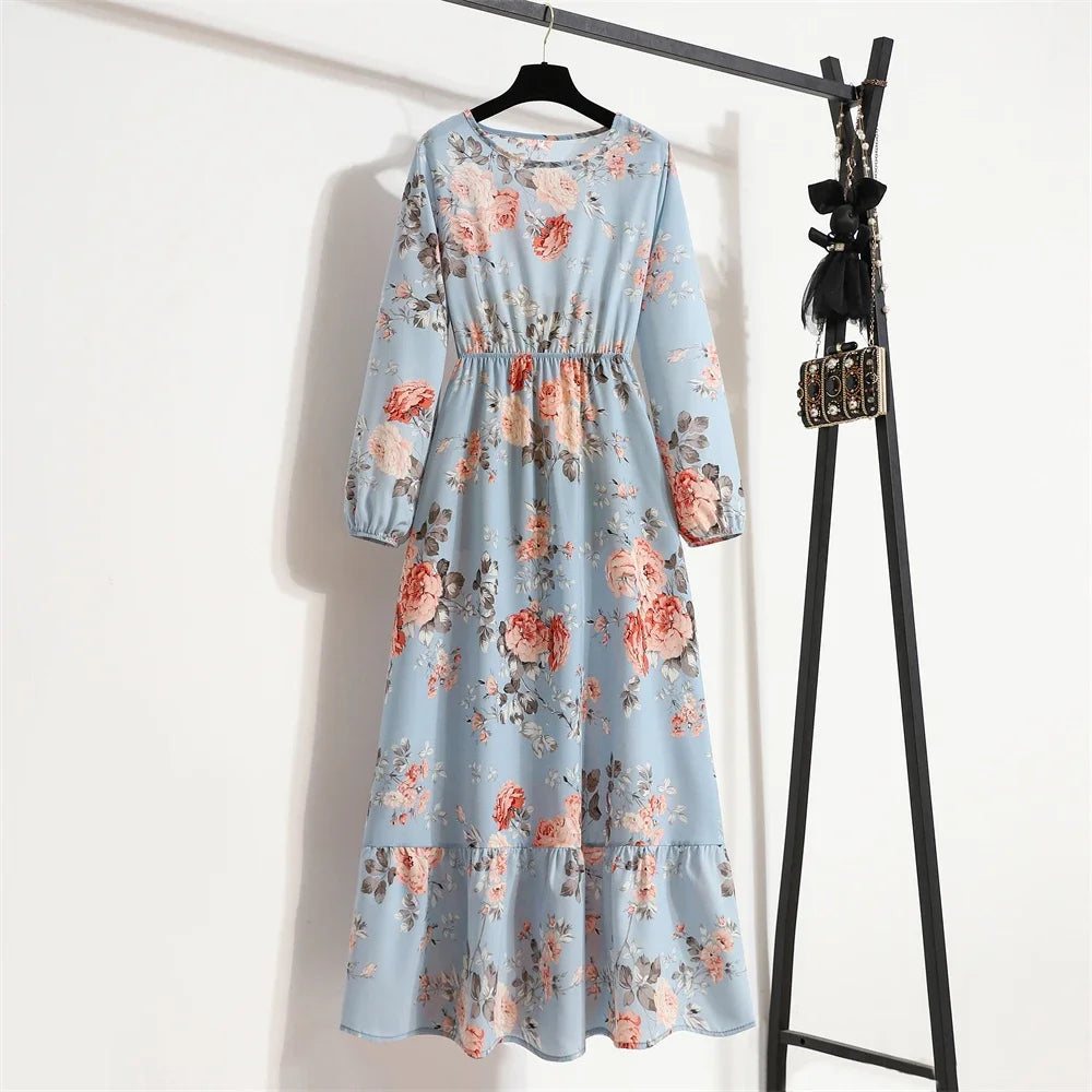Floral Print Round Neck Long Sleeved Dress For Women Spring Autumn Fashionable Bohemian Big Swing Dress