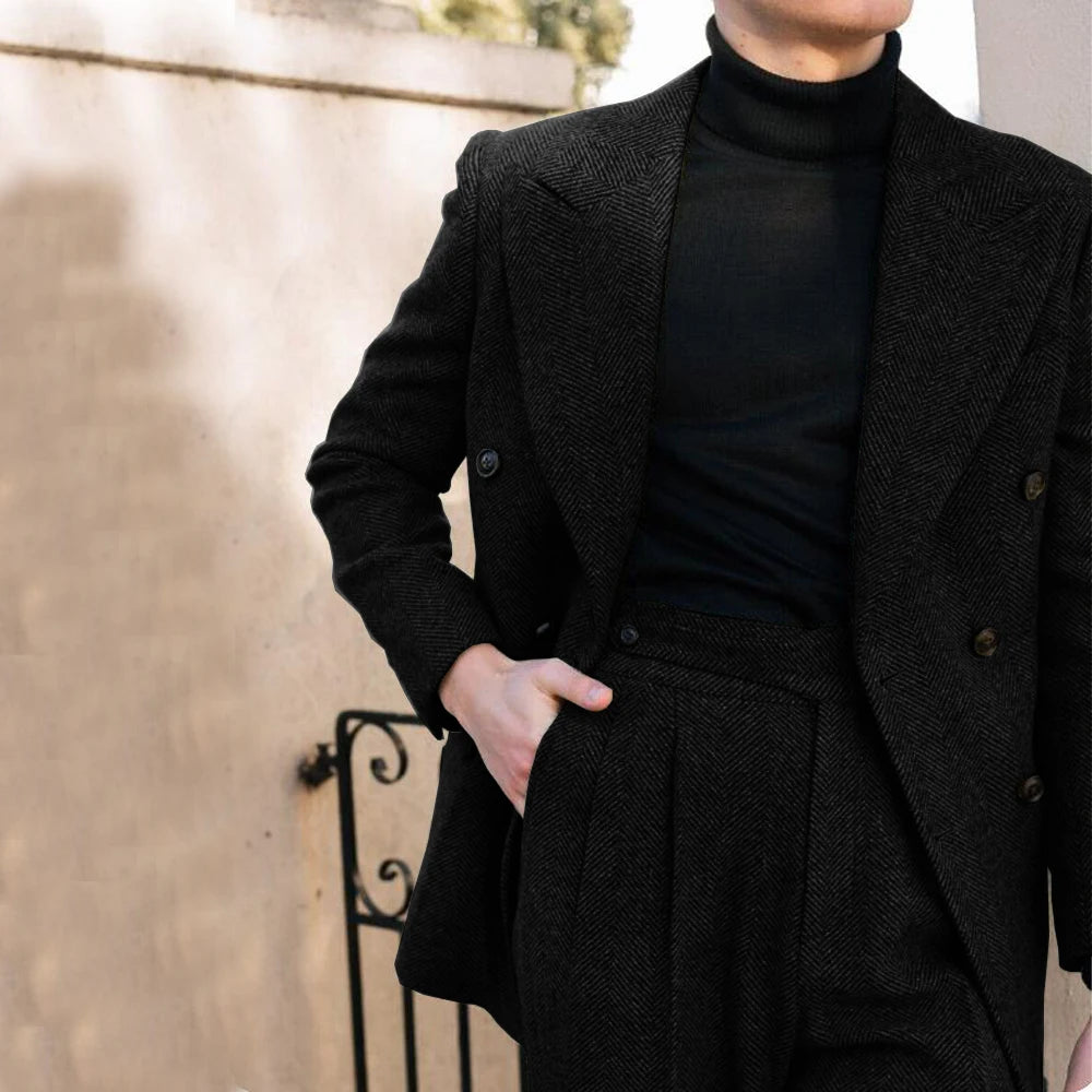 Men's Wedding Suit Herringbone Double Breasted Formal Men's Lapel Men's Suit 2 Piece Men's Full Suit Elegant Slim Fit