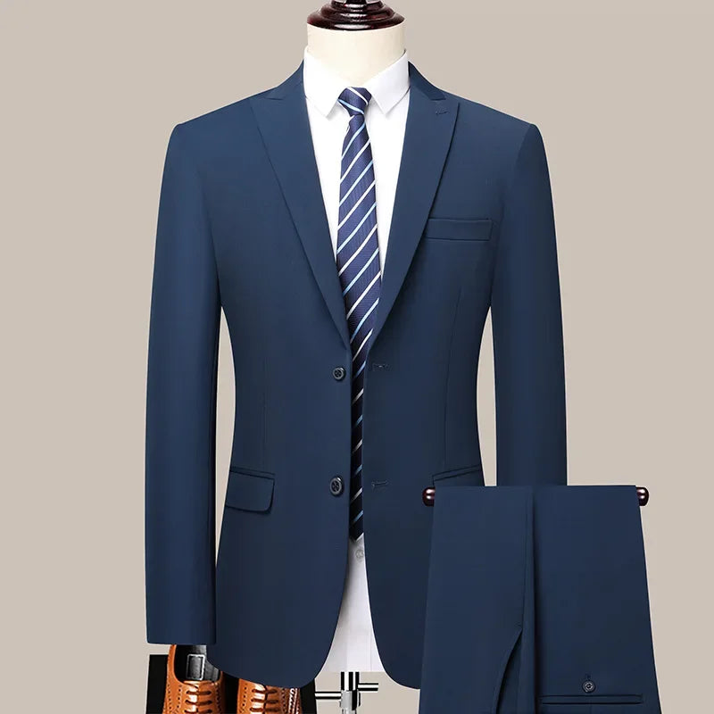 Man Suit (blazer+ Pants) Gentleman Fashion Business Double Split Casual Slim Solid Color Wedding Work
