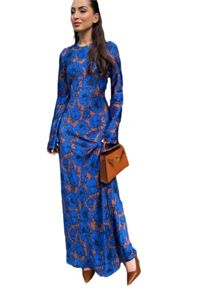 Fashionable Vintage Print Long Sleeve Round Neck Dress Women Elegant Atmosphere Long Dresses Casual