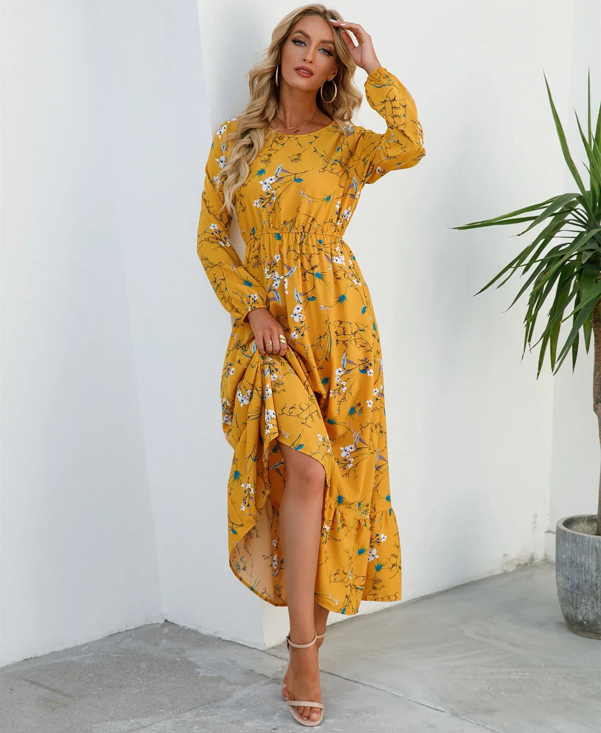 Floral Print Round Neck Long Sleeved Dress For Women Spring Autumn Fashionable Bohemian Big Swing Dress