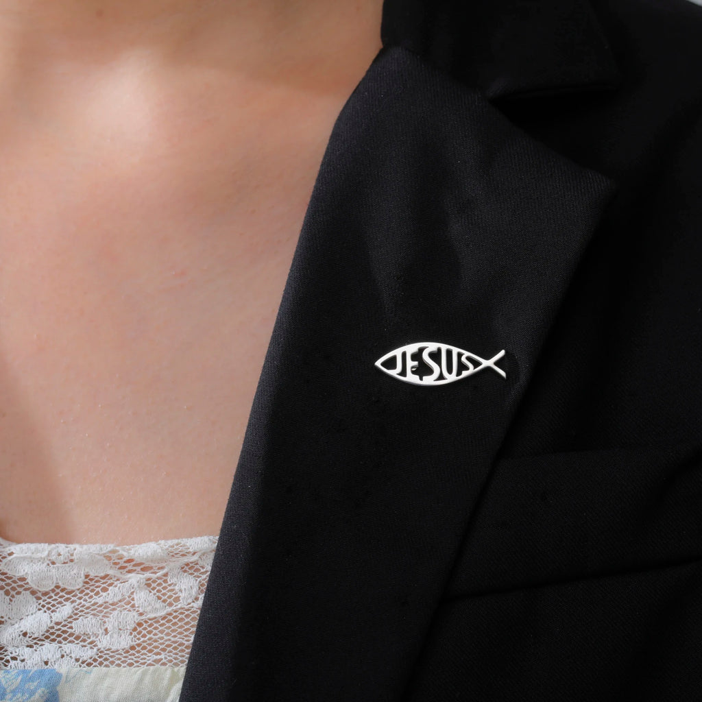 Stainless Steel Jesus Fish Lapel Pins Brooches for Women Men Christian Jewelry Suit Collar Badges Metal Pins