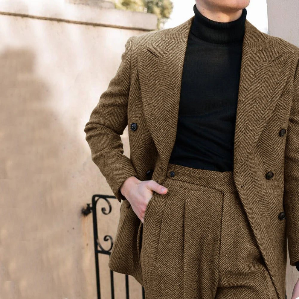 Men's Wedding Suit Herringbone Double Breasted Formal Men's Lapel Men's Suit 2 Piece Men's Full Suit Elegant Slim Fit