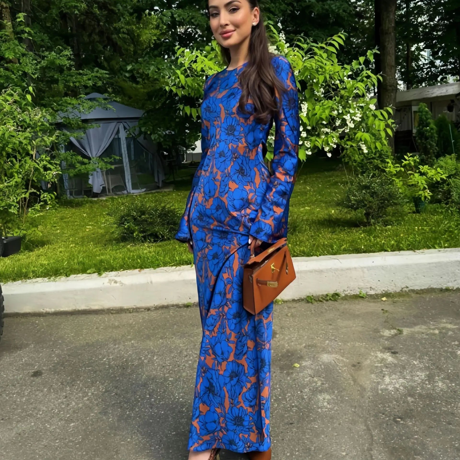 Fashionable Vintage Print Long Sleeve Round Neck Dress Women Elegant Atmosphere Long Dresses Casual