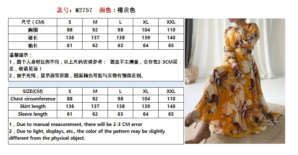 Long Dresses for Spring Women Yellow Chiffon Printed Elegant Clothing