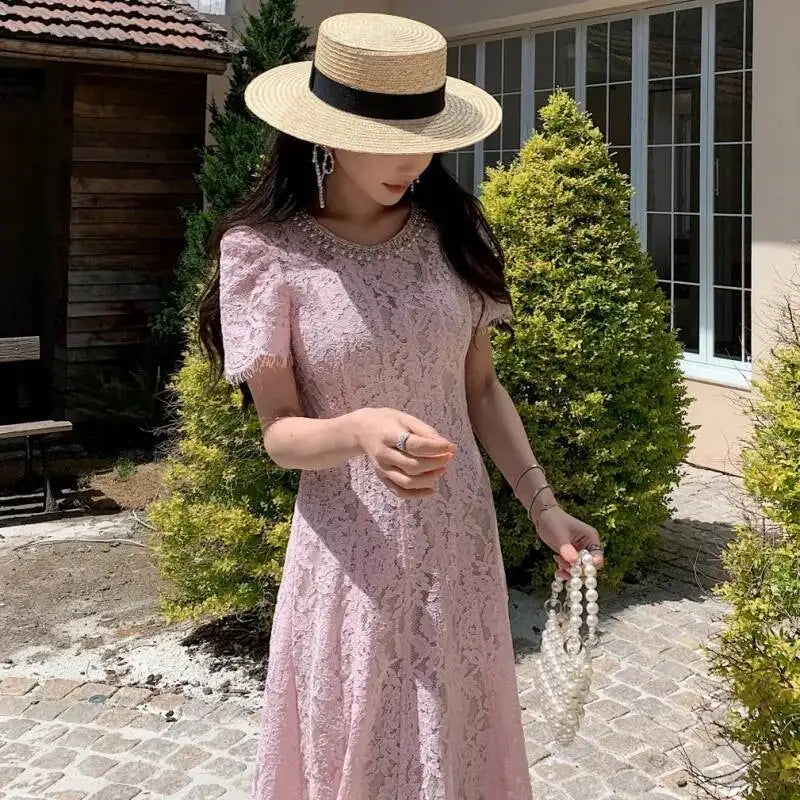 Luxury Pearl Lace Long Dress Formal Occasion Summer Women Midi Dresses Embroidered Ruffle Evening Party Wedding
