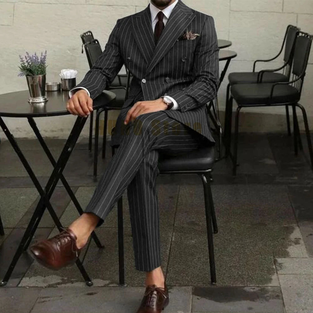 Men Suits Two Piece Suit Double Breasted Man Fashionable and Slim-fitting Design Groom Wedding Dress Casual Striped Fabric
