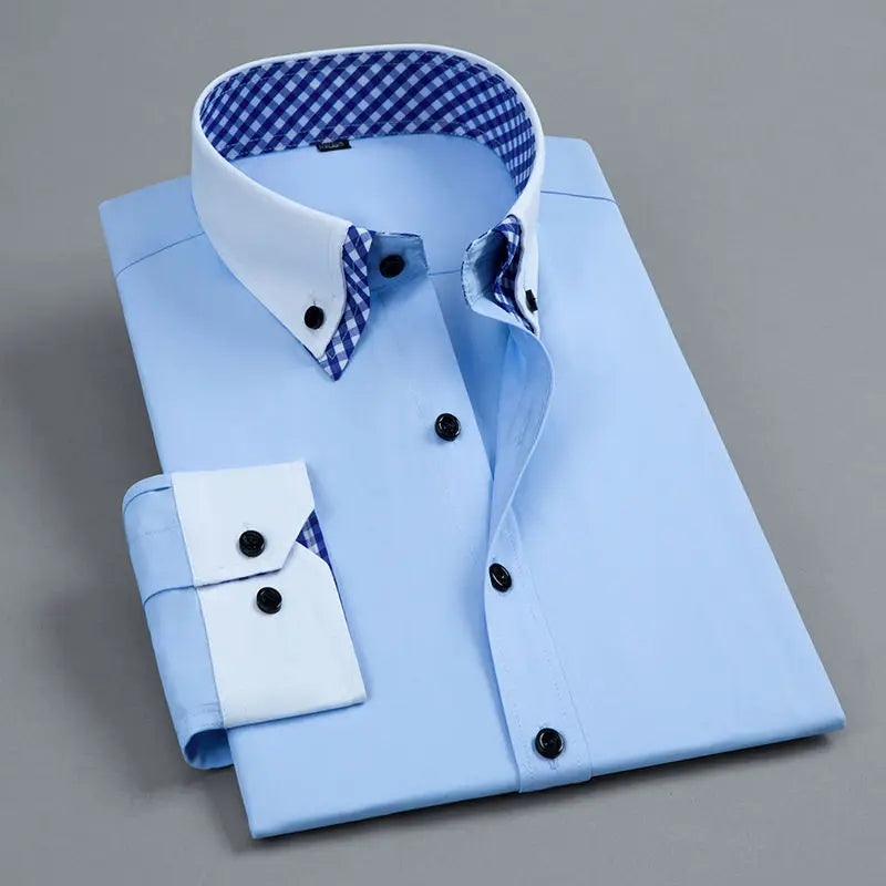 Men's Long Sleeve Dress Shirt Non Iron Double Layer Business Formal Regular Fit White Blue Office Church Shirts