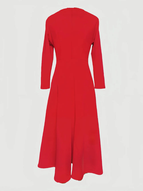 Elegant Simple Red Long Sleeve Dress round Neck Wide Hem for Commuting Casual Festive