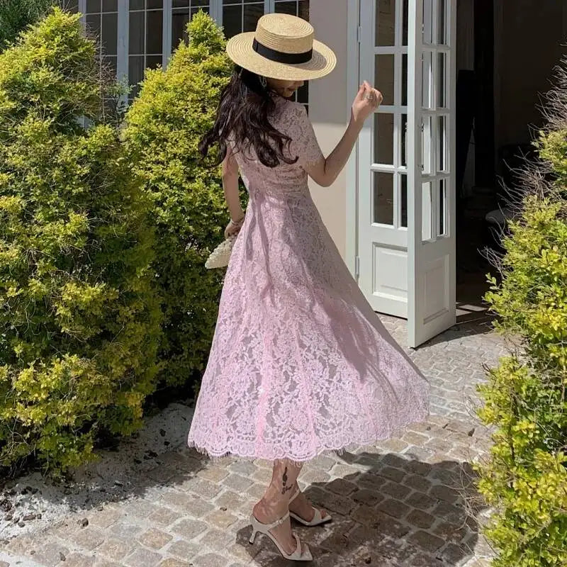 Luxury Pearl Lace Long Dress Formal Occasion Summer Women Midi Dresses Embroidered Ruffle Evening Party Wedding