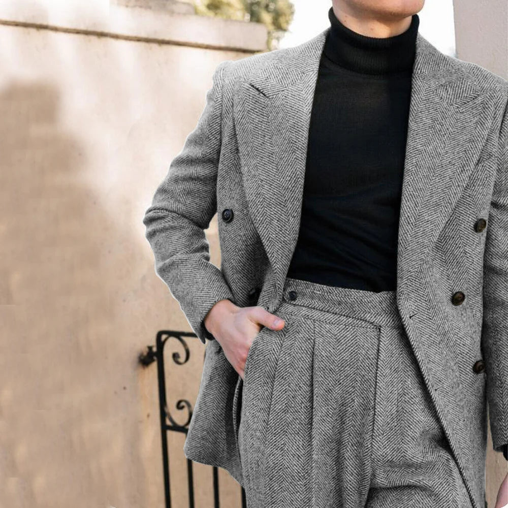 Men's Wedding Suit Herringbone Double Breasted Formal Men's Lapel Men's Suit 2 Piece Men's Full Suit Elegant Slim Fit