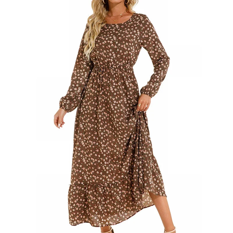 Floral Print Round Neck Long Sleeved Dress For Women Spring Autumn Fashionable Bohemian Big Swing Dress