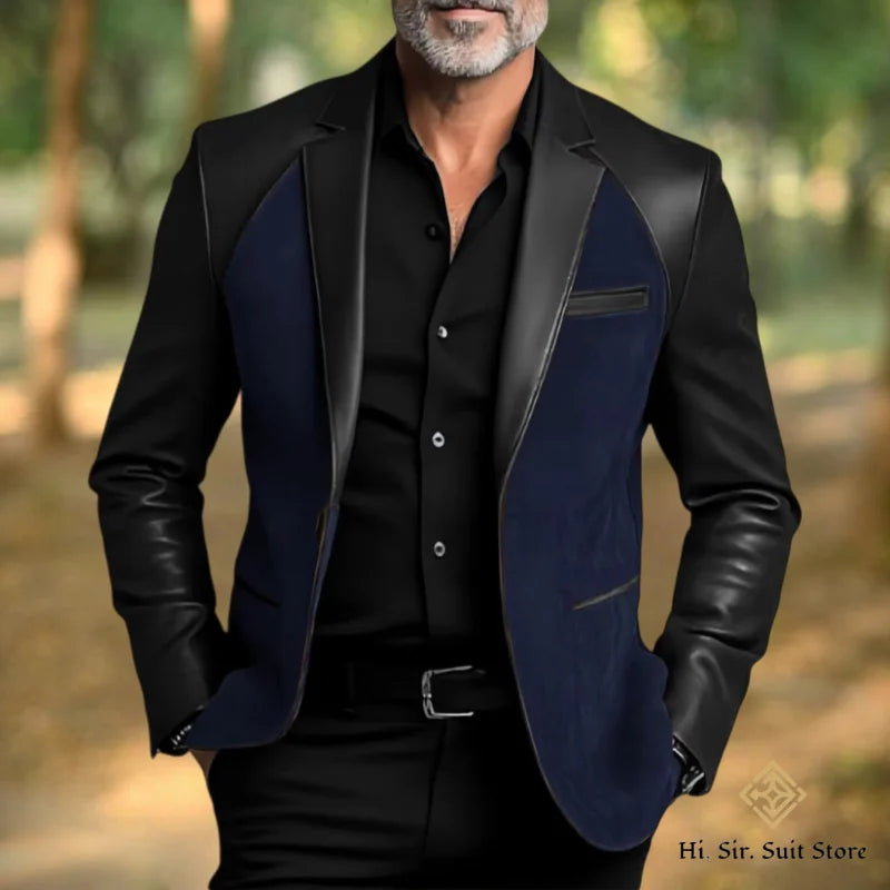 Classic Men's Suit Coat PU Splicing Notched Lapel Tuxedos Peaked Breasted Groom Wear Blazer Designer