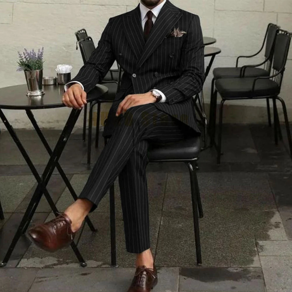 Men Suits Two Piece Suit Double Breasted Man Fashionable and Slim-fitting Design Groom Wedding Dress Casual Striped Fabric