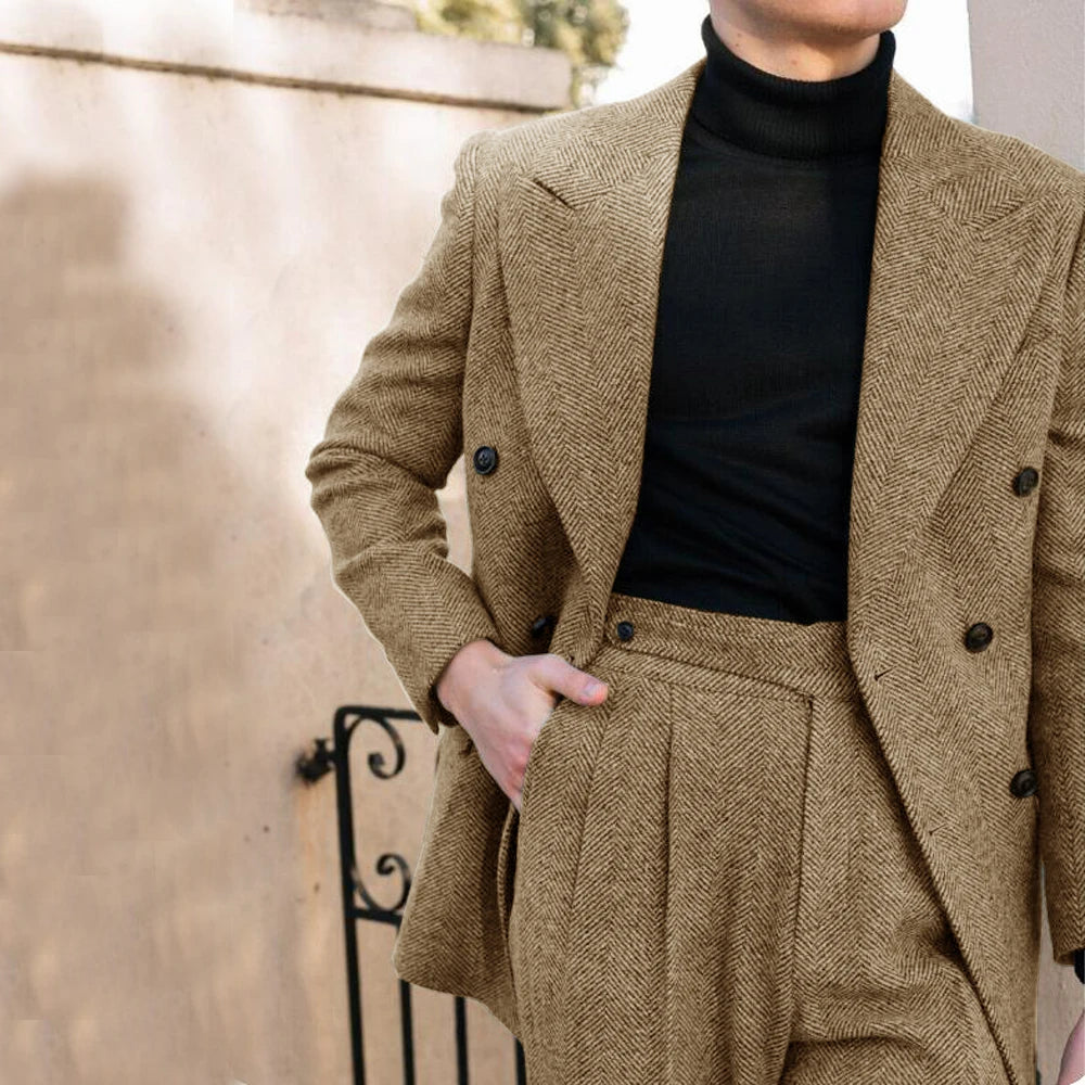 Men's Wedding Suit Herringbone Double Breasted Formal Men's Lapel Men's Suit 2 Piece Men's Full Suit Elegant Slim Fit