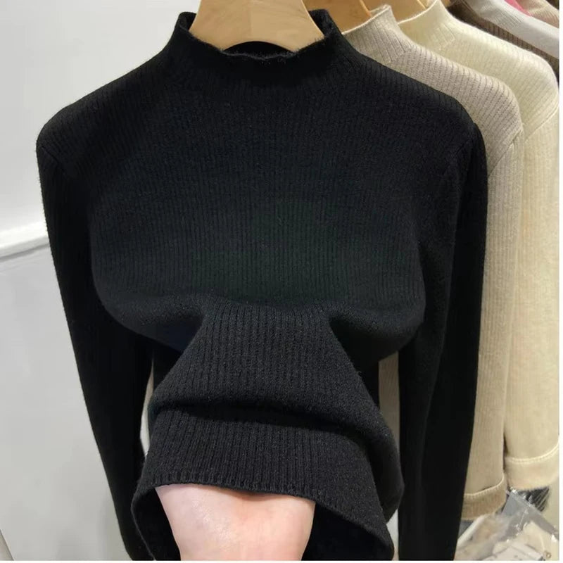 Turtleneck Winter Sweater Women Elegant Thick Velvet Lined Warm Knitted Pullover Slim Tops Jersey Knitwear