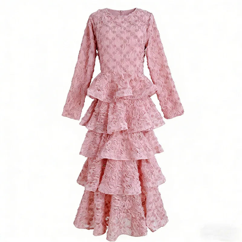 Luxury Pearl Lace Long Dress Formal Occasion Summer Women Midi Dresses Embroidered Ruffle Evening Party Wedding