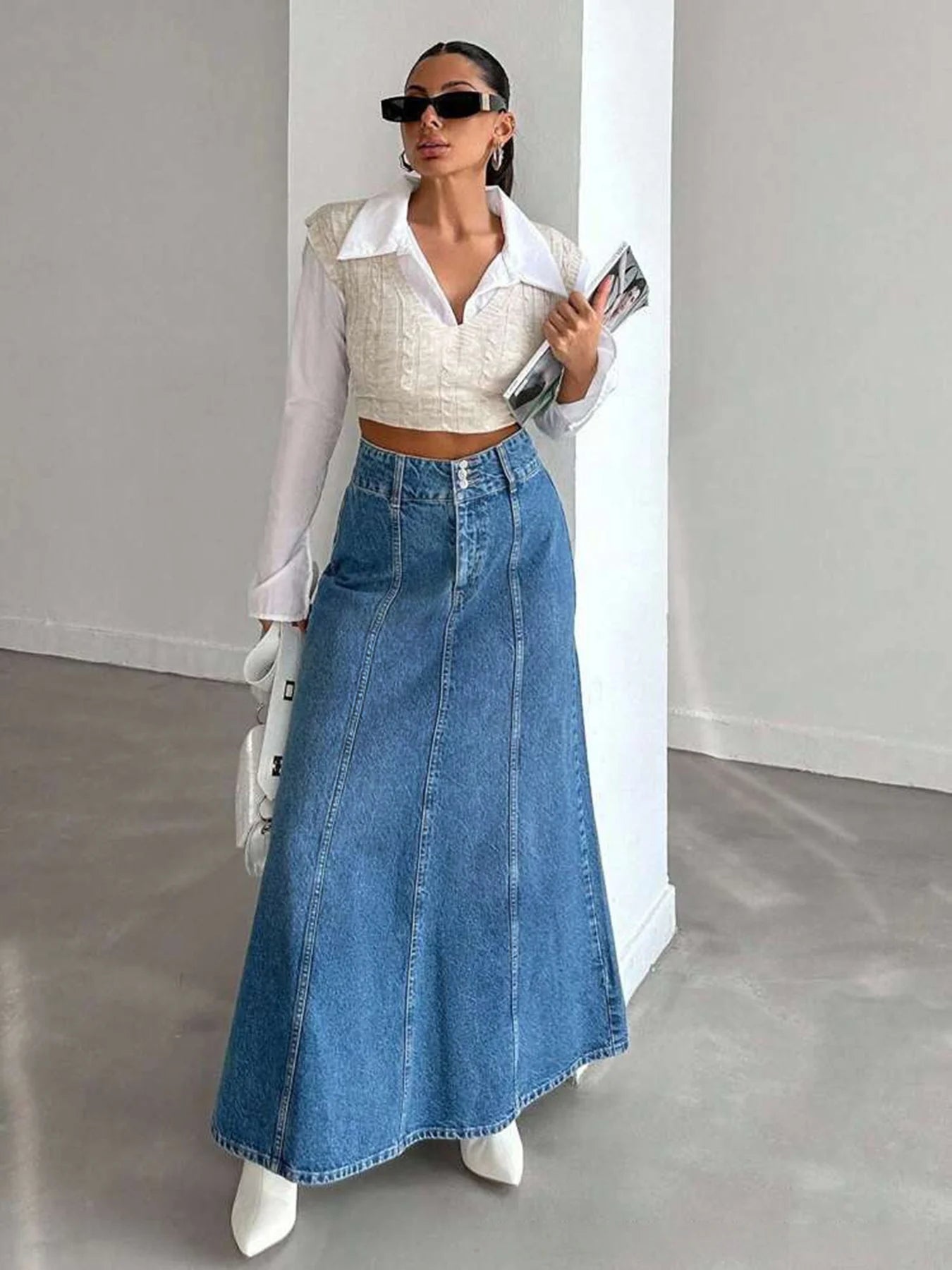 Women's long denim midi skirt for spring and autumn seasons Suitable for various occasions- daily church wear