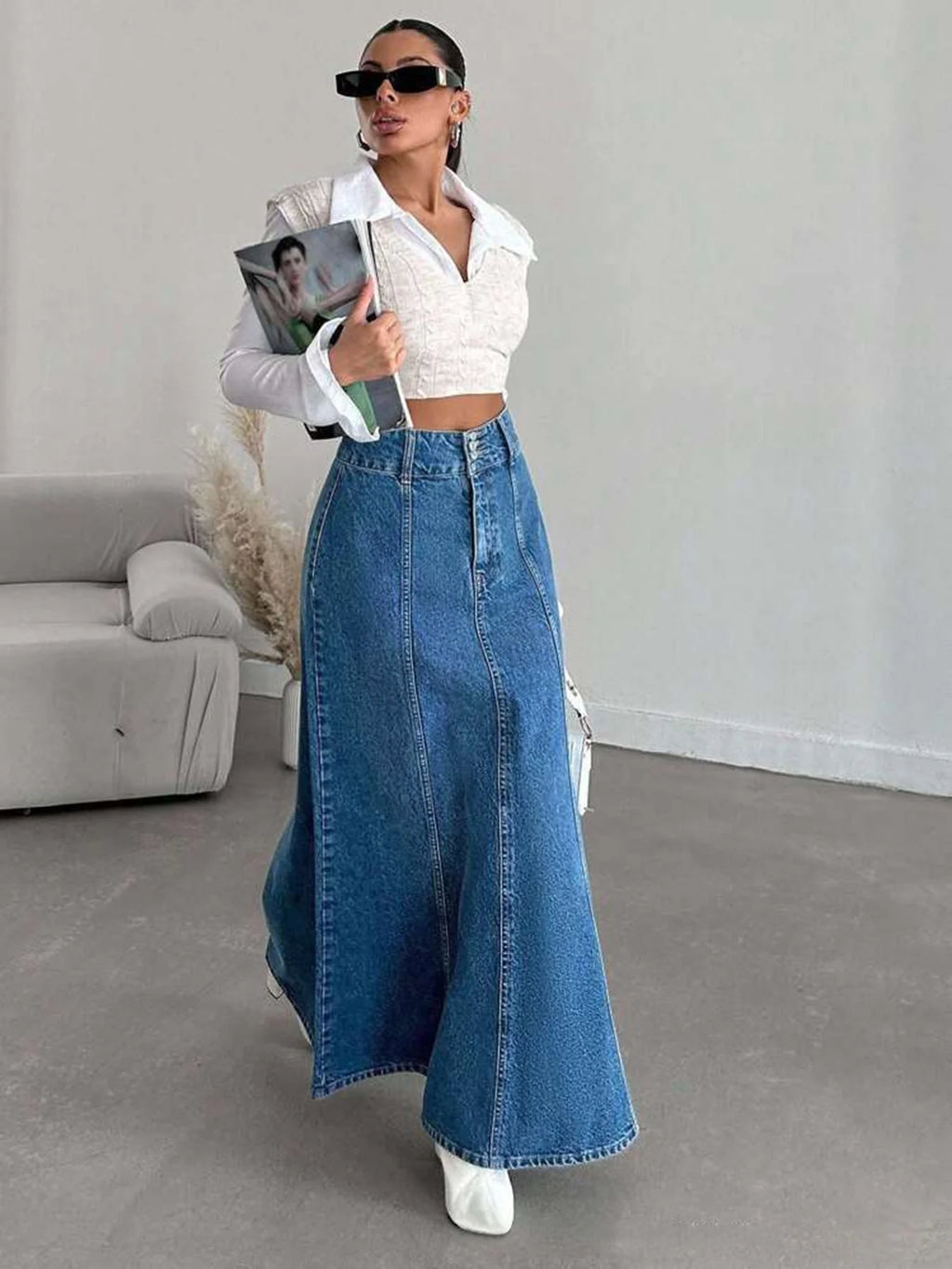 Women's long denim midi skirt for spring and autumn seasons Suitable for various occasions- daily church wear